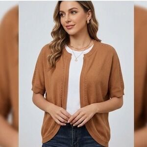 CURLBIUTY Women Tan Brown Camel Short Sleeve Open Front Knit Cardigan Sweater XL